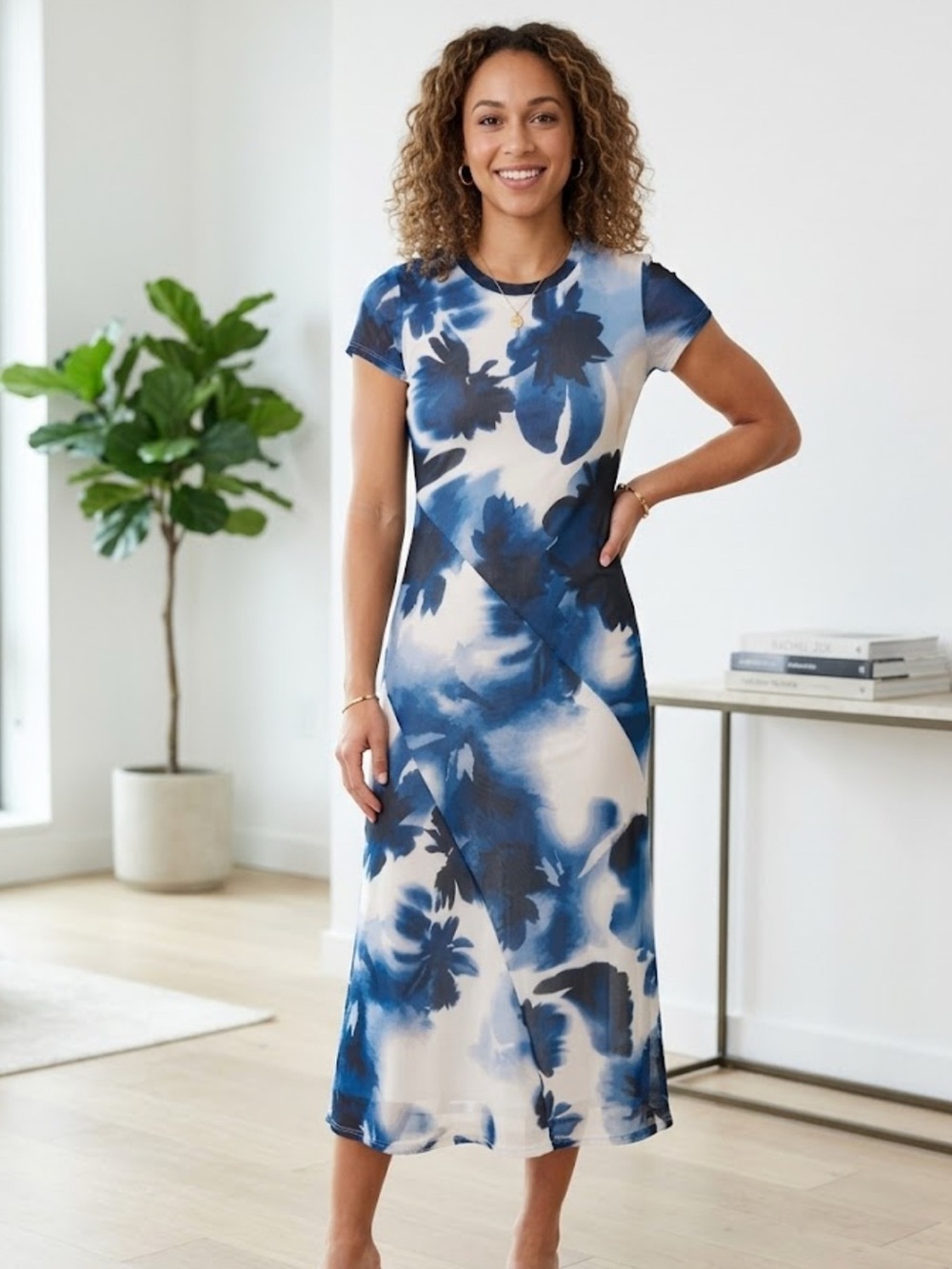 Rachel Zoe Blue White Watercolor Floral Mesh Overlay Midi Dress Size S